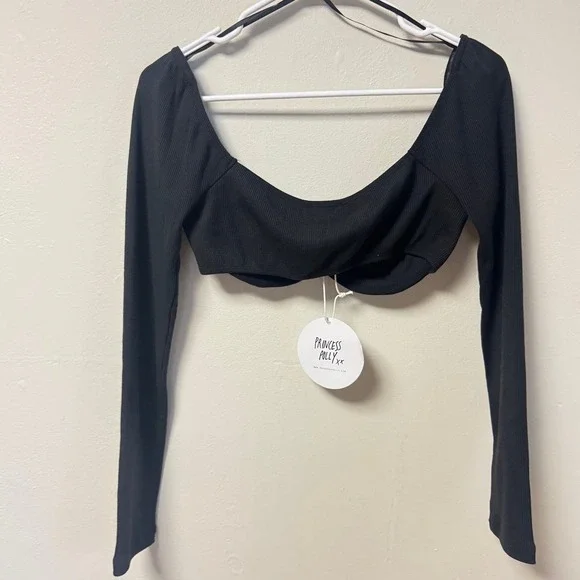 Princess Polly Becca Long Sleeve Crop Top Black Ribbed Sweetheart Neck US 8 NEW - Picture 4 of 5